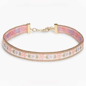 Hill House Retro Dainty Coquette Floral Pink & Gold Ribbon Choker Necklace NWT